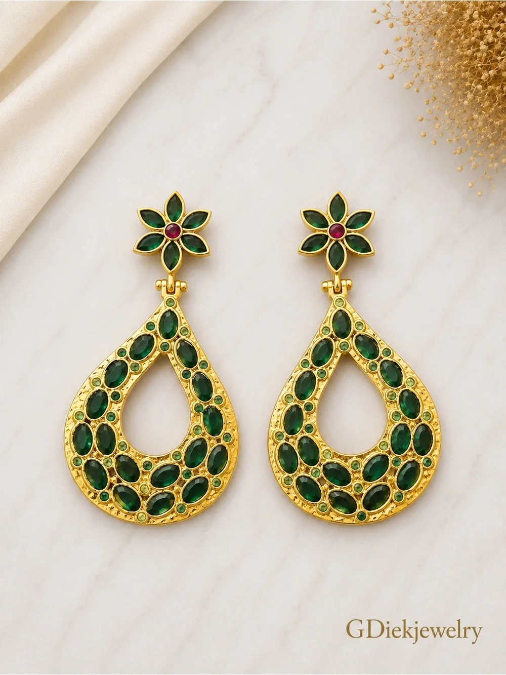 Goldfilled Emerald Teardrop Floral Earrings